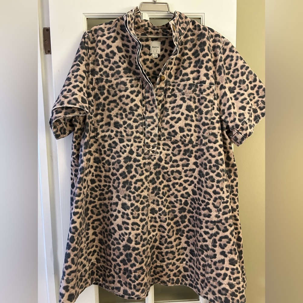 Anthropologie Maeve leopard denim A-line swing dress sz. XL